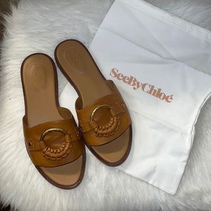 See By Chloe chestnut branded slides size 9